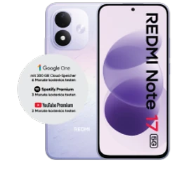  Vorder- und Rückansicht des Xiaomi Redmi Note 17 5G in Purple (Lila) mit Hinweis auf Google One mit 200GB Cloud-Speicher 6 Monate kostenlos testen, Spotify Premium 3 Monate kostenlos testen und Youtube Premium 2 Monate kostenlos testen
