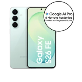  Vorder- und Rückansicht des Samsung Galaxy S26 FE in der Farbe Pistachio (Hellgrün)
